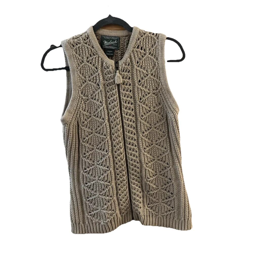 Woolrich Women’s Vest Knit Crocheted Small 100% Cotton Khaki Cabincore Nature